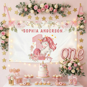 Banderoles Licorne 1er Anniversaire Fille Rose