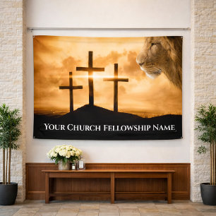 Banderoles Lion de Juda Trois Croix Église Pastorale Dorée