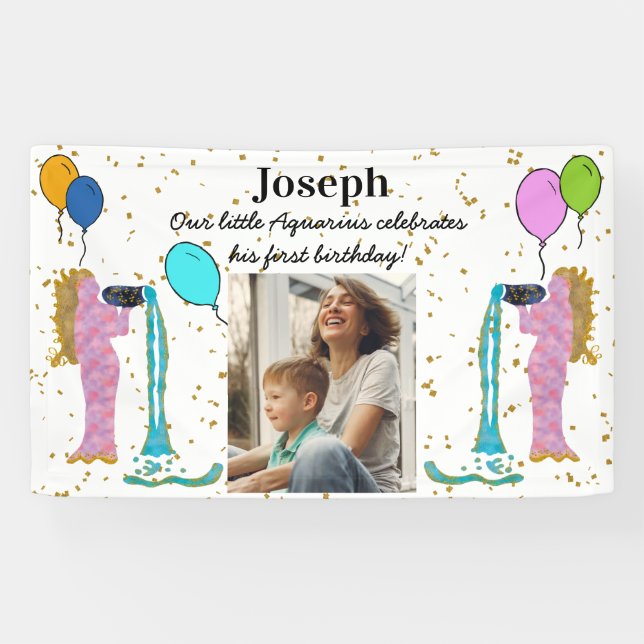 Banderoles Little Aquarius 1er anniversaire Gold Flake & Ball (Horizontal)