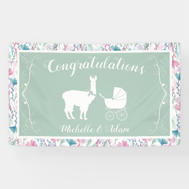 Banderoles Llama Baby shower vert mignon Hommes Neutre (Horizontal)