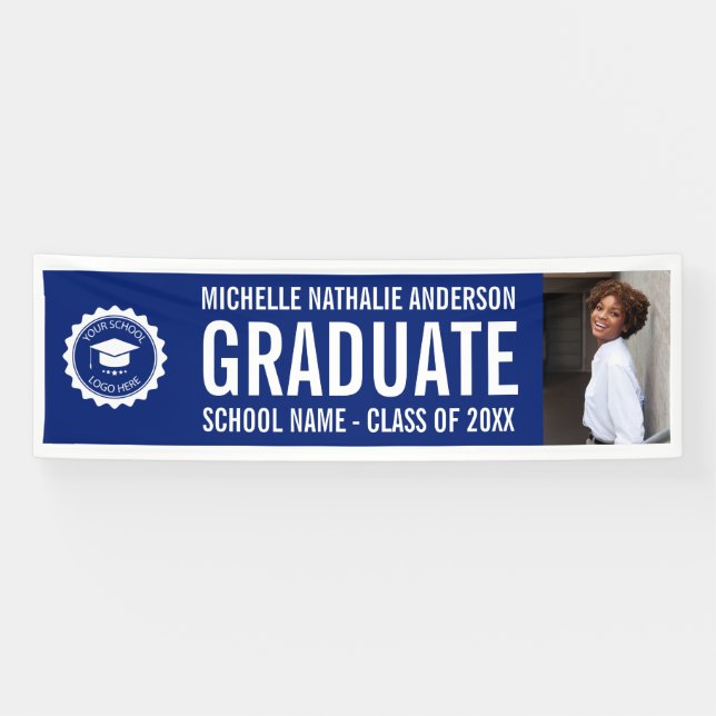 Banderoles Logo de l'école Graduation Photo Party BLue White (Horizontal)