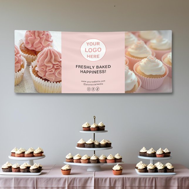 Banderoles Logo Personnalisé 2 Photos Boulangerie Rose Bleu E (Custom Logo 2 Photos Blush Pink Bakery Business Banner)