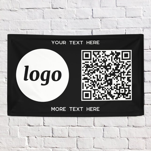Banderoles Logo simple et texte Business QR Code noir (Simple logo with custom text and QR code business branding promotional black and white banner)