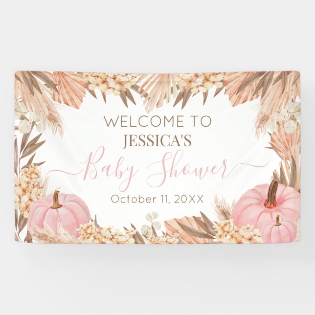 Banderoles Lona Boho Pampas Pink Pumpkin baby shower Welcome  (Horizontal)