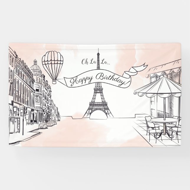 Banderoles Lona Oh La La Paris backdrop Happy Birthday banner (Horizontal)