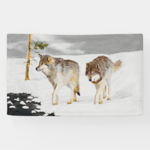Banderoles Loups en peinture sur neige - Art original de la f