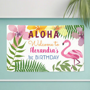 Banderoles Luau Tropical Floral Flamant rose rose 1er anniver
