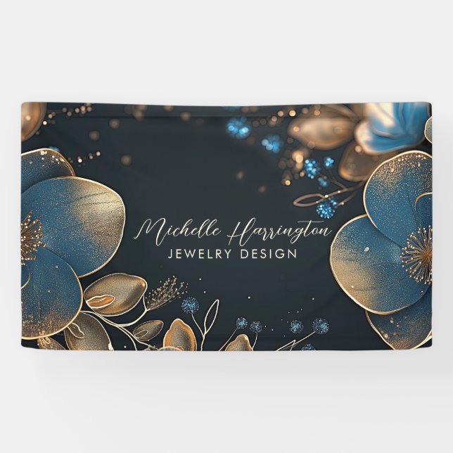 Banderoles Luxe Elegance Blue and Gold Floral Jewelry Design (Horizontal)