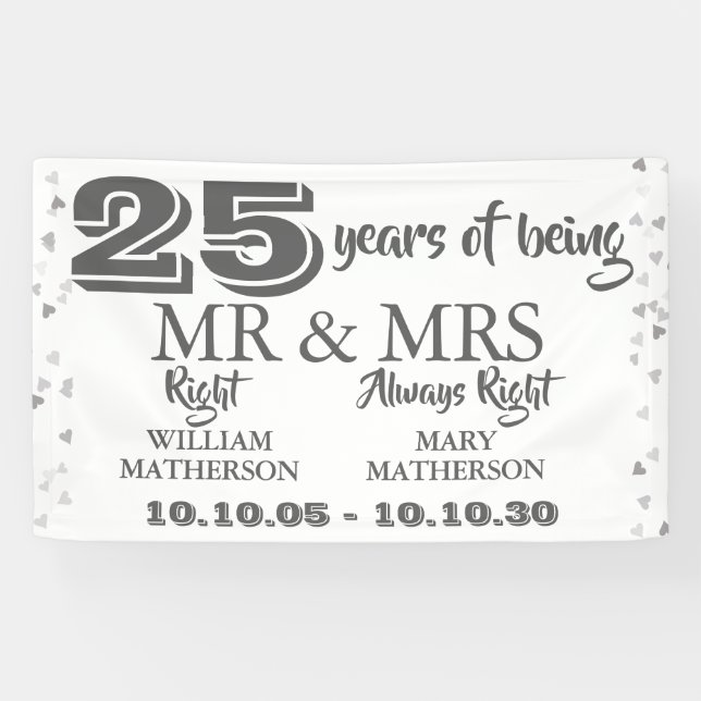 Banderoles M. Mme Right Fun 25e Anniversaire Cœurs d'Argent (Horizontal)