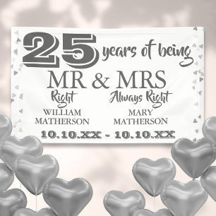 Banderoles M. Mme Right Fun 25e anniversaire Coeurs d'argent