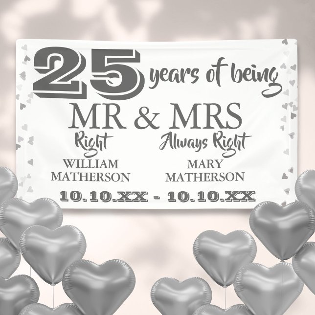Banderoles M. Mme Right Fun 25e Anniversaire Cœurs d'Argent (Mr Mrs Right Fun 25th Anniversary Silver Hearts Banner)
