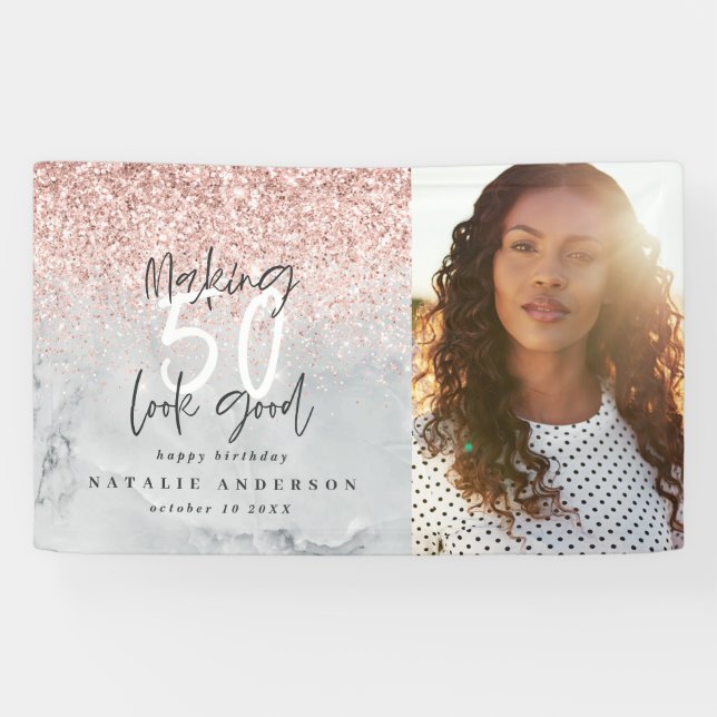 Banderoles Marbre parties scintillant rose pour 50 ans (Horizontal)