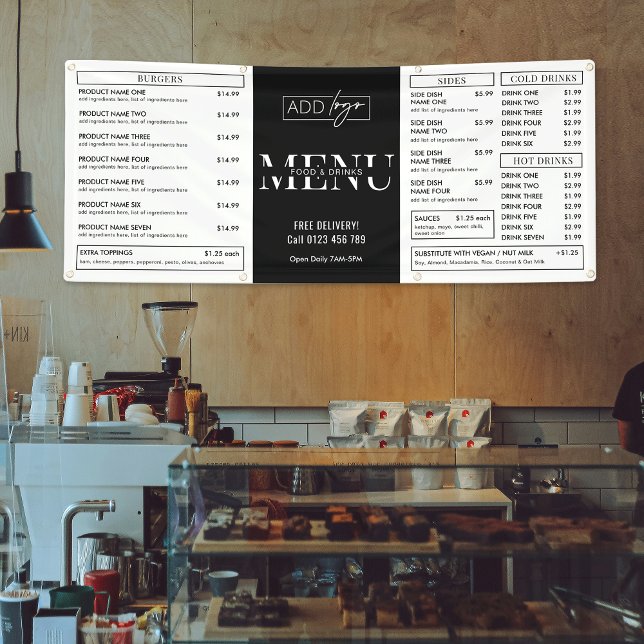 Banderoles Marché minimaliste Pop Up Shop Restaurant Menu Res (Minimalist modern business menu banner sign - great for coffee shops, pop up markets & trade shows)