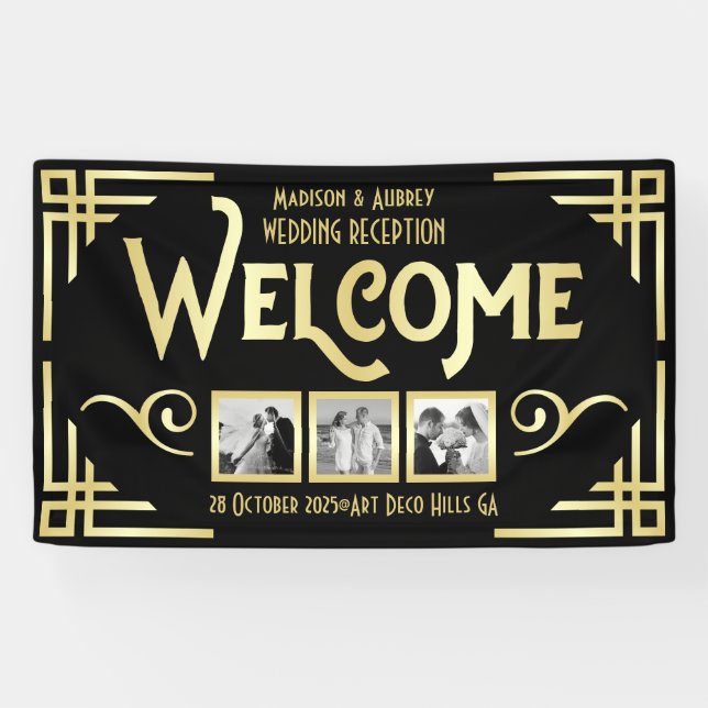 Banderoles Mariage Art Déco Gold Black Trois photos Bienvenue (Horizontal)