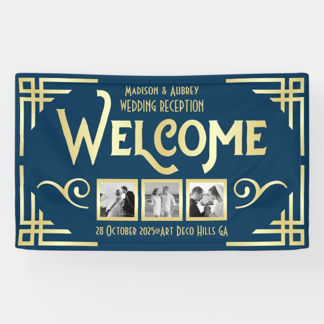 Banderoles Mariage Art déco Gold Blue Trois photos Bienvenue (Horizontal)