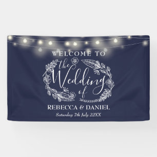 Banderoles Mariage avec guirlande florale bleue marine et écr