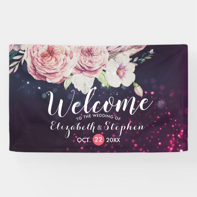 Banderoles Mariage Bienvenue Boho Plumes florales Purple Lumi (Horizontal)