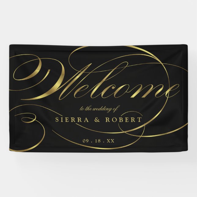 Banderoles Mariage Bienvenue Élégant Faux Foil Gold Script (Horizontal)