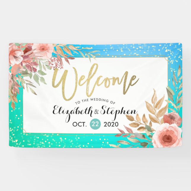 Banderoles Mariage Bienvenue Fleurs roses Turquoise & Gold Co (Horizontal)