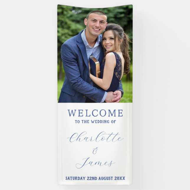 Banderoles Mariage Bienvenue Joyeux Couple Photo Bleu Et Blan (Vertical)