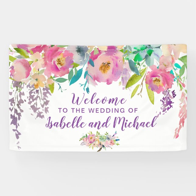 Banderoles Mariage Bienvenue Pastel Pink & Purple Floral Bann (Horizontal)