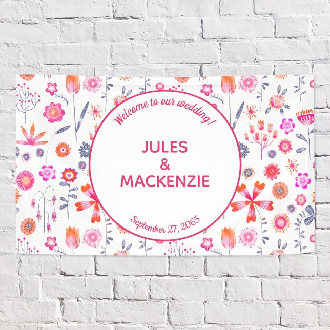 Banderoles Mariage boho rose moderne (Modern floral pink and white wedding welcome banner sign)