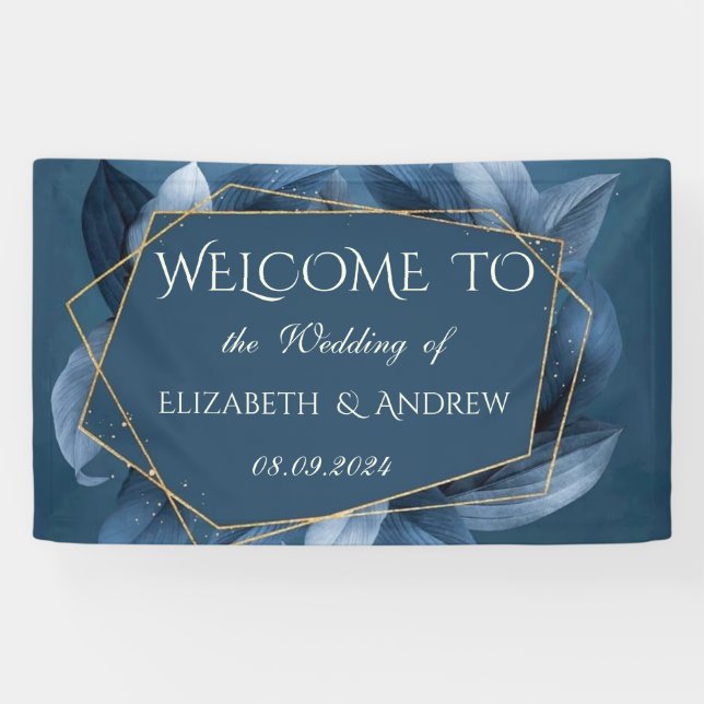 Banderoles Mariage Cadre Doré Feuilles Bleues (Horizontal)
