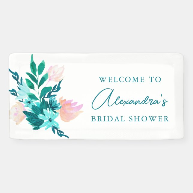 Banderoles Mariage civil Aqua Bleu Vert Aquarelle Floral (Horizontal)