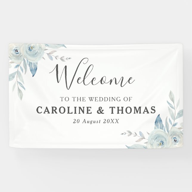 Banderoles mariage d'accueil floral bleu clair (Horizontal)