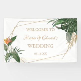 Banderoles Mariage d'aquarelle Tropical Feuille Gold Frame
