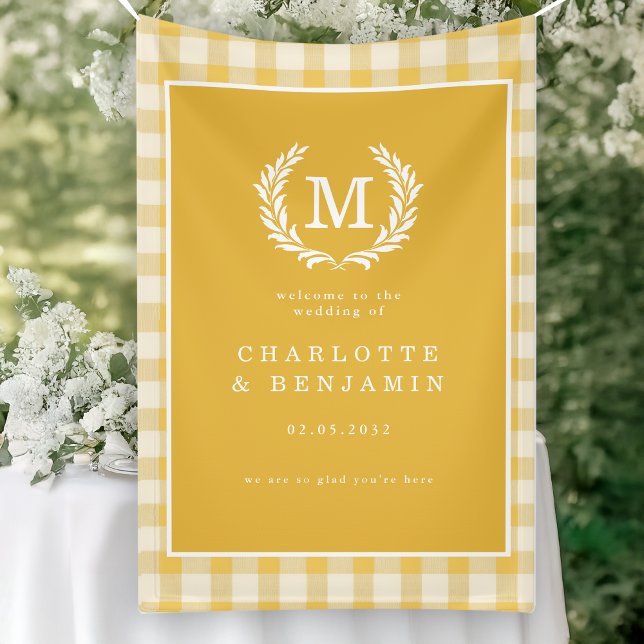 Banderoles Mariage de crête de monogramme En vichy jaune Bien (Yellow Gingham Monogram Crest Wedding Welcome Banner)