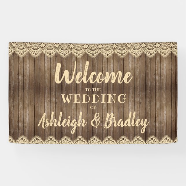 Banderoles Mariage de dentelle en bois rustique (Horizontal)
