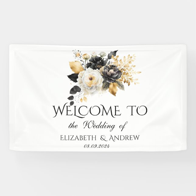 Banderoles Mariage de fleurs blanches noires d'or (Horizontal)