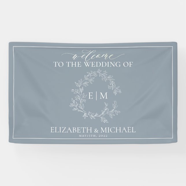Banderoles Mariage de monogramme moderne Dusty Blue Leafy Cre (Horizontal)