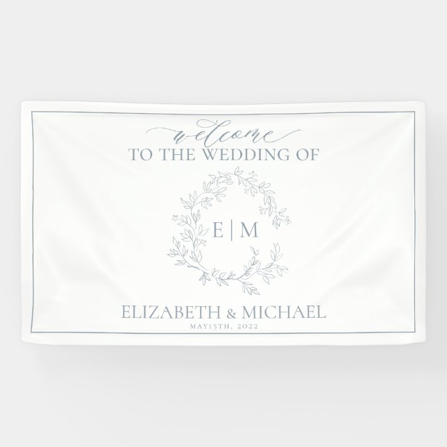 Banderoles Mariage de monogramme moderne Dusty Blue Leafy Cre (Horizontal)