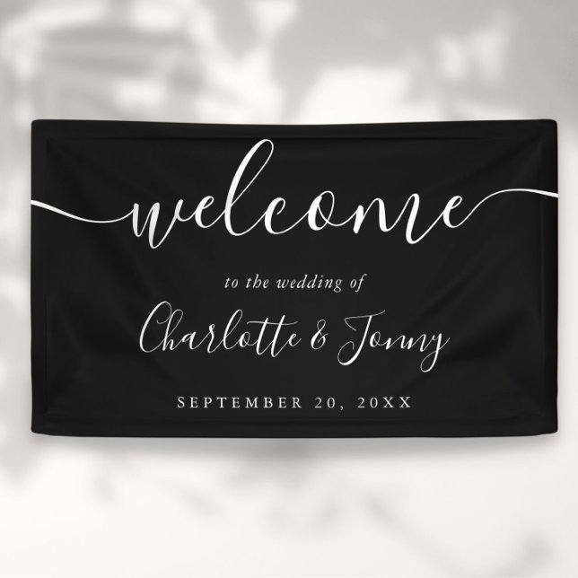 Banderoles Mariage de script noir et blanc (Black And White Script Wedding Welcome Banner)