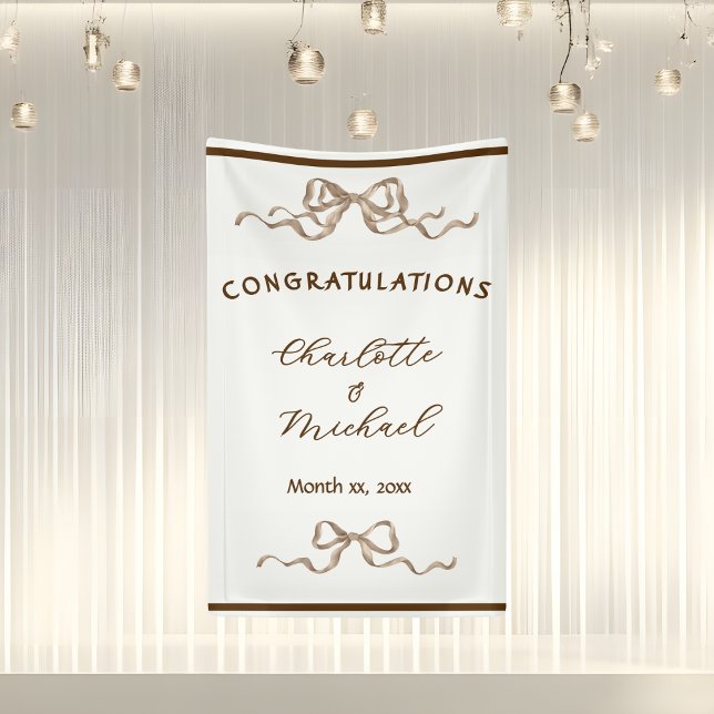 Banderoles Mariage Élégant Romantique Ruban (Elegant Ribbon & Bow Warm Brown Romantic Congratulations Wedding Banner)