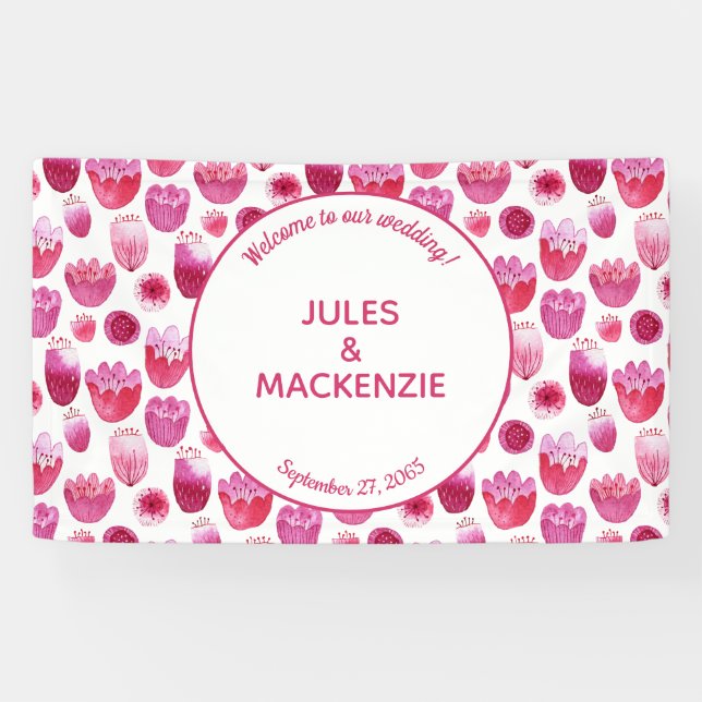 Banderoles Mariage en fleurs rose vif (Horizontal)