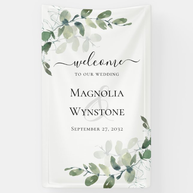 Banderoles Mariage Eucalyptus Vert Bienvenue (Vertical)