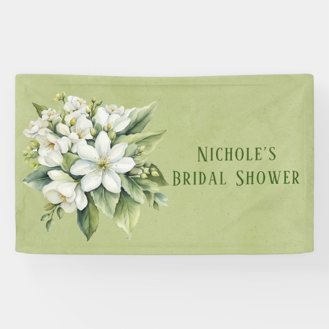 Banderoles Mariage Floral Blanc avec Fond Aquarelle Verte (Horizontal)