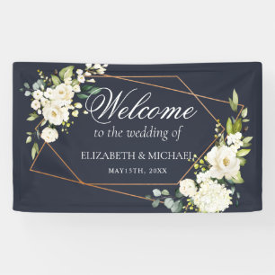 Banderoles Mariage floral blanc blanc bleu cuivré géométrique