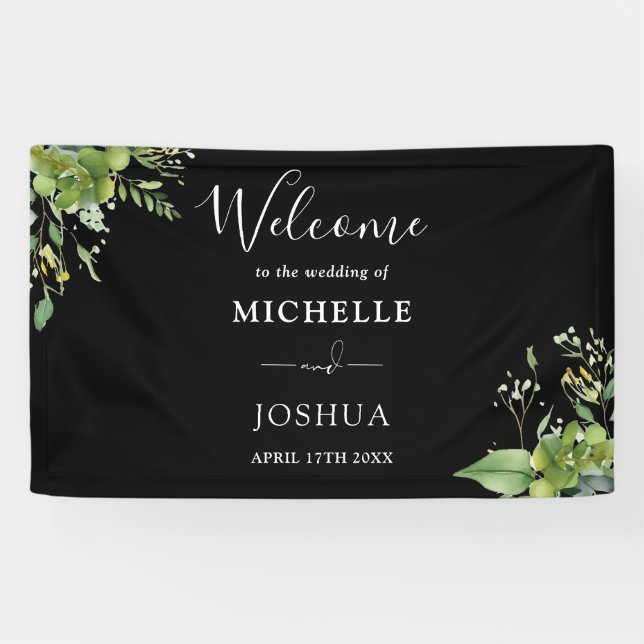 Banderoles Mariage Floral Blanc Et Noir Vert Accueil (Horizontal)