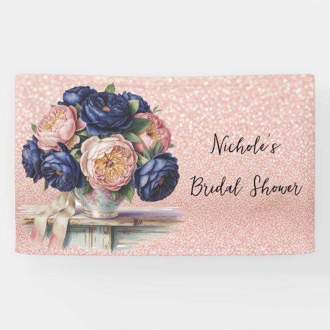 Banderoles Mariage floral bleu marine et Rose or (Horizontal)
