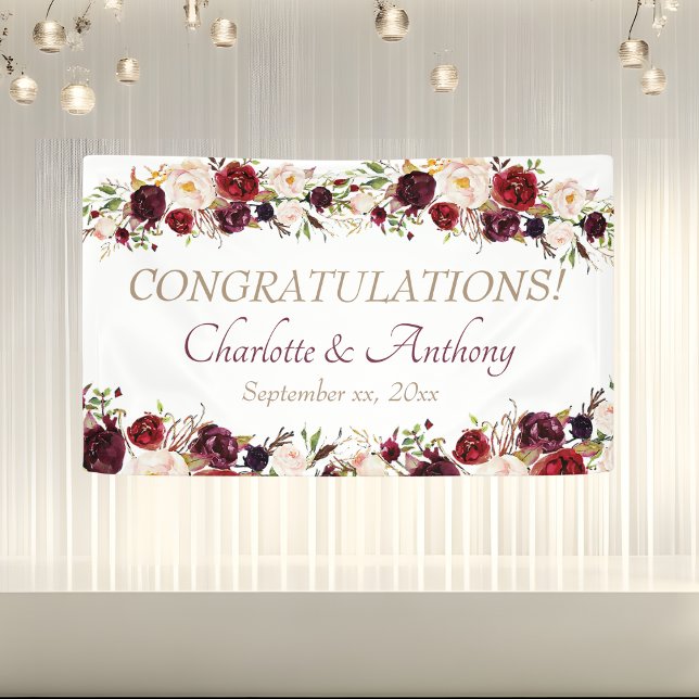 Banderoles Mariage floral de Bourgogne profonde (Deep Burgundy Floral Wedding Banner)