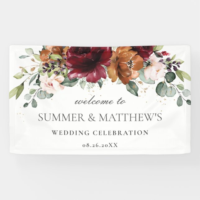 Banderoles Mariage floral d'ivoire rose de Bourgogne (Horizontal)