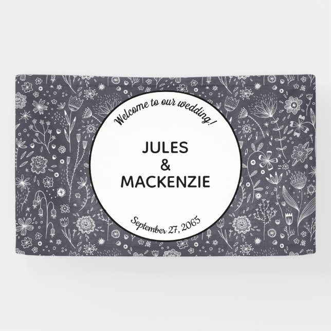 Banderoles Mariage floral noir et blanc moderne (Horizontal)