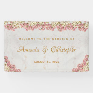 Banderoles Mariage floral rose orchidées blanches marbre écri