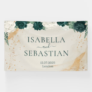 Banderoles Mariage floral vert émeraude naturel et rose carmi