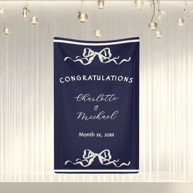 Banderoles Mariage Romantique Élégant Nœud Papillon Marine Fé (Elegant Ribbon Romantic Wedding Congratulations Banner)