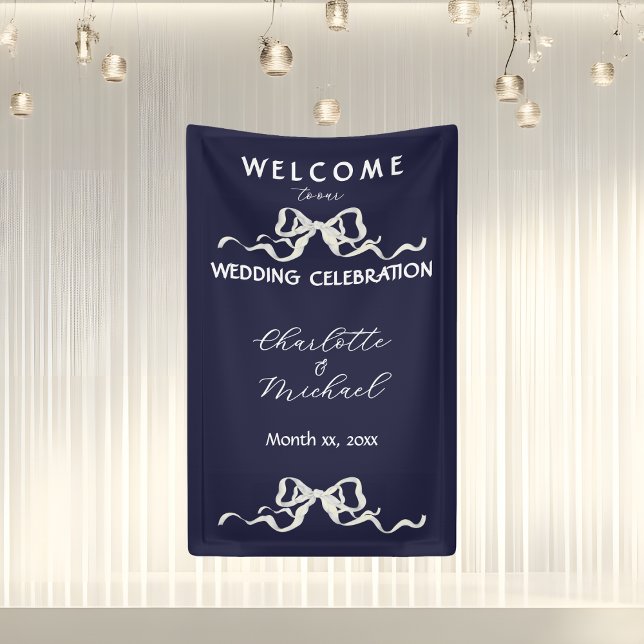 Banderoles Mariage Romantique Élégant Ruban et Nœud Marine (Elegant Romantic Wedding Navy Ribbon & Bow Banner)